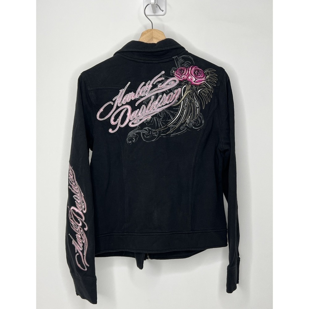 Harley Davidson Jacket Women Large Black Snap Embroidered Roses Rock Vintage Y2K - Picture 2 of 11